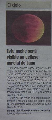 Note en el periódico La Nueva España sobre el eclipse de Luna del 07/09/06