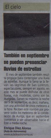 Nota publicada en el periódico La Nueva España sobre las Aurígidas